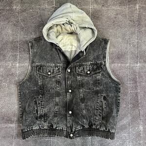 Men's Vintage 90's Le Tigre Black Acid Wash Denim Hoodie Jean Jacket Vest Sz L